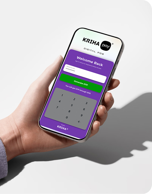 Hand holding a phone with the Kriha Pay sign-in screen