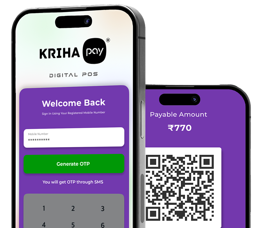 Kriha Pay app on two phones — sign-in screen and payable amount QR screen